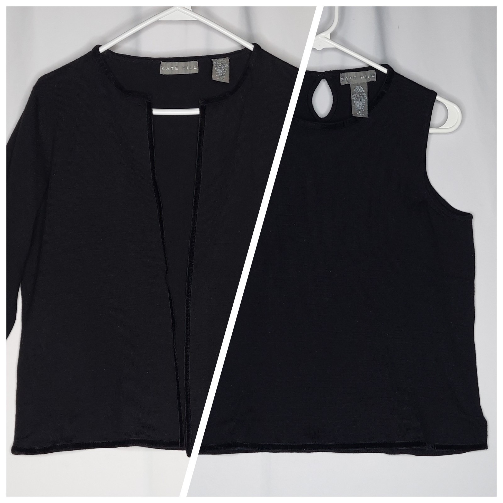 Kate Hill Velvet Trim Wool Cardigan Tank Set Women Large Quiet Luxury Classic